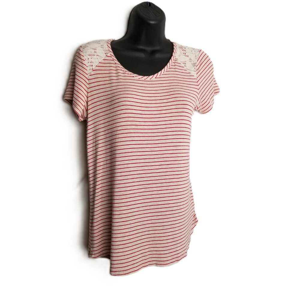 Red White Striped Lace Shoulder Tee Womens Small Loveappella Nautical Preppy